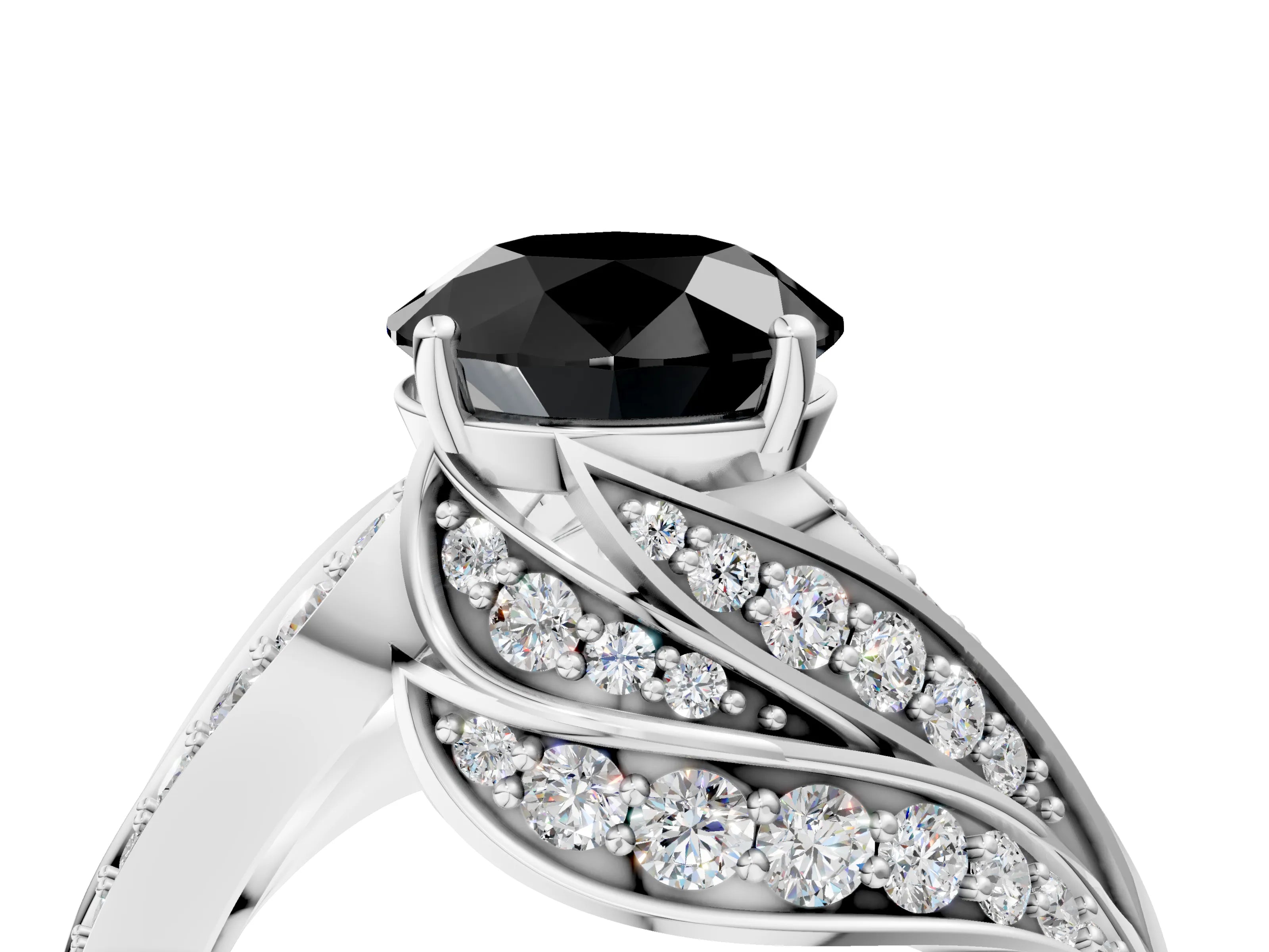 White gold Fancy Black Round Cut Diamond Solitaire Ring with Prong Setting and Twisted Pavé Band_4
