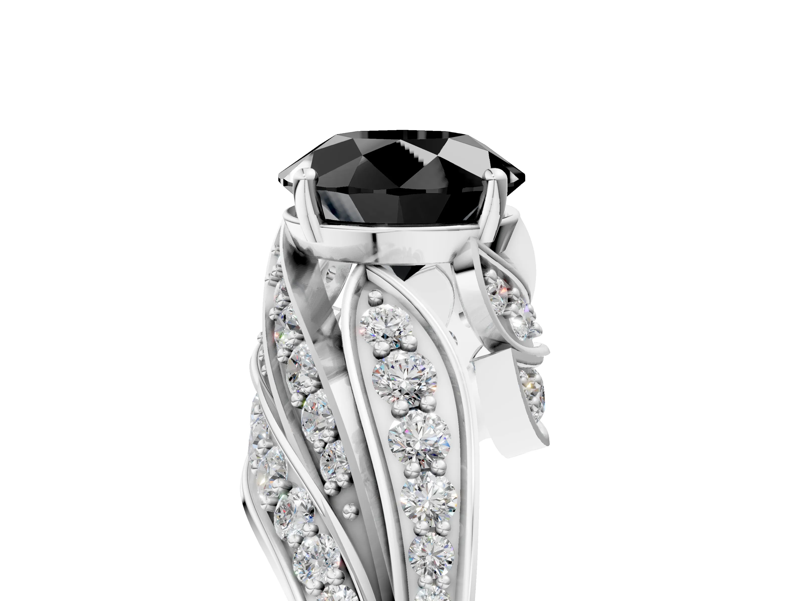 White gold Fancy Black Round Cut Diamond Solitaire Ring with Prong Setting and Twisted Pavé Band_5