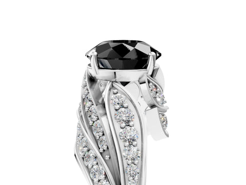 White gold Fancy Black Round Cut Diamond Solitaire Ring with Prong Setting and Twisted Pavé Band_5
