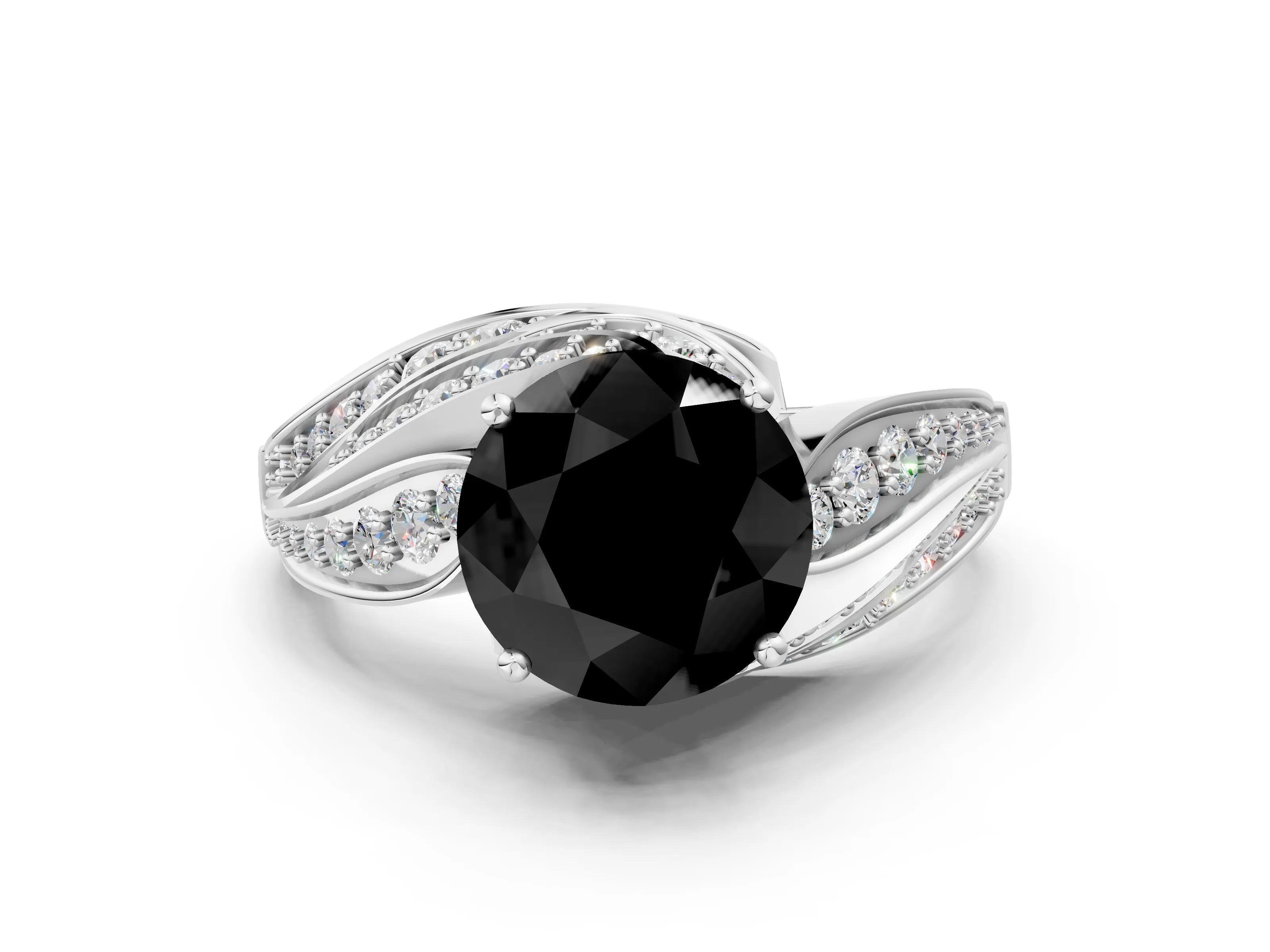 White gold Fancy Black Round Cut Diamond Solitaire Ring with Prong Setting and Twisted Pavé Band