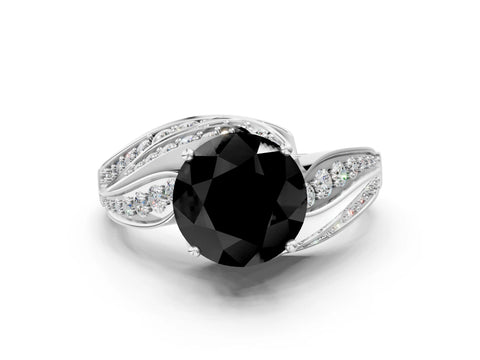 White gold Fancy Black Round Cut Diamond Solitaire Ring with Prong Setting and Twisted Pavé Band