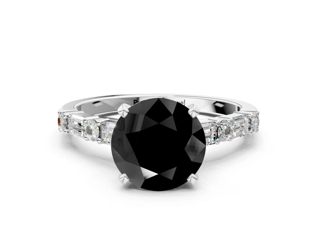 White gold Fancy Black Round Cut Diamond Solitaire with Side Baguettes and Channel Set Band