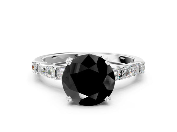 Platinum Round Engagement Ring Setting for Black Center with Baguette Sides and Mixed Accents