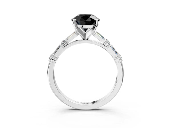 Platinum Round Engagement Ring Setting for Black Center with Baguette Sides and Mixed Accents