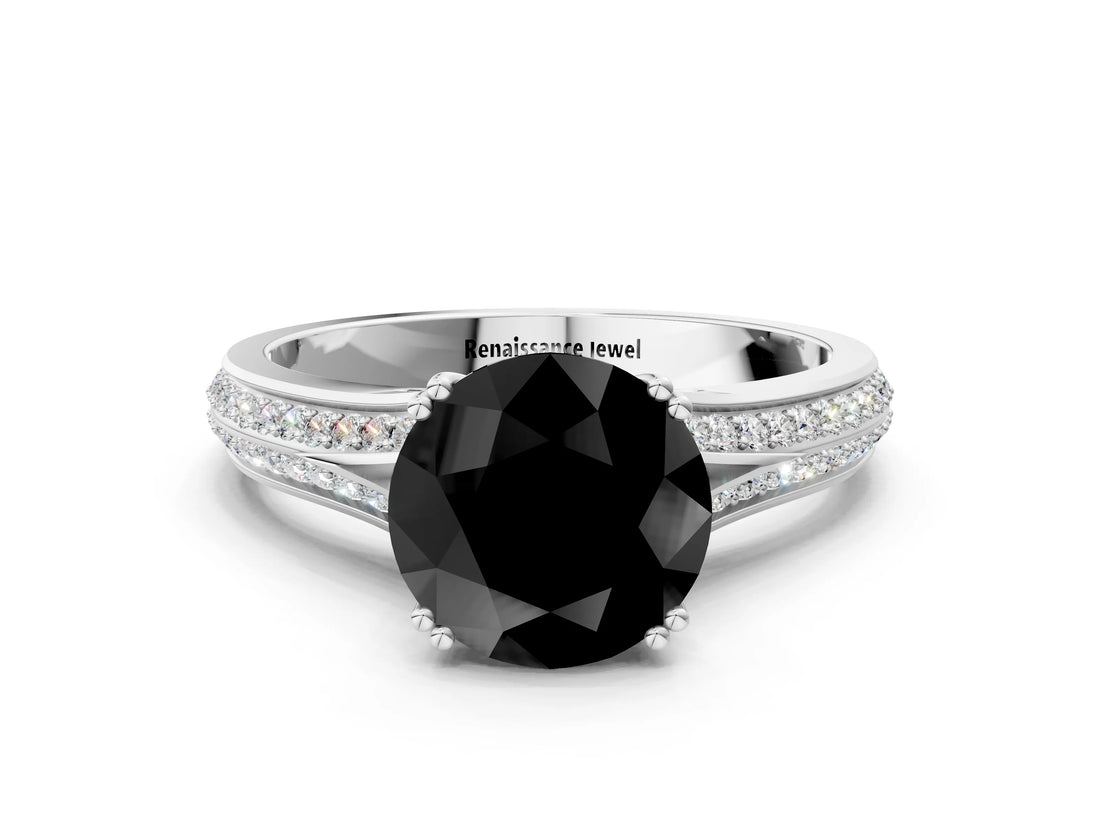 White gold Fancy Black Round Cut Diamond Split Shank Engagement Ring with Pavé Band