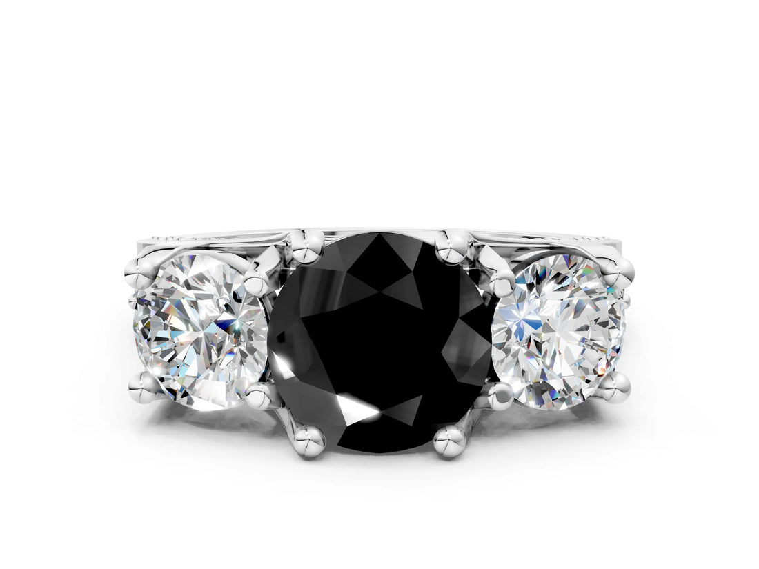 White gold Fancy Black Round Cut Diamond Three-Stone Ring with Channel Set Band and Four-Prong Setting_24