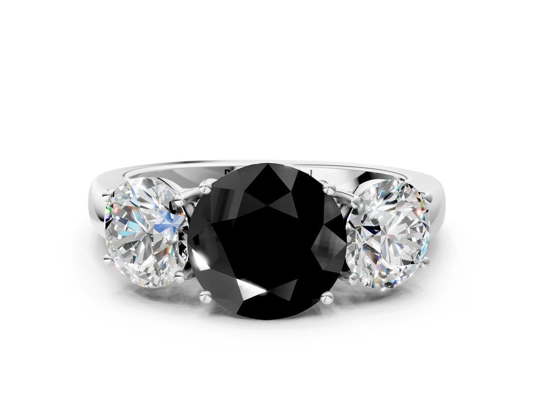 White gold Fancy Black Round Cut Diamond Three-Stone Ring with Four-Prong Setting and Classic Band