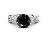 White gold Fancy Black Round Cut Diamond Three-Stone Ring with Pavé Split Shank and Four-Prong Setting