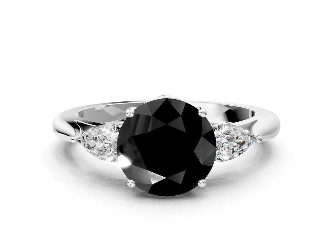 White gold Fancy Black Round Cut Diamond Three-Stone Ring with Pear  Side Stones and Prong Setting_108