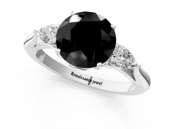 Platinum Round Three Stone Engagement Ring Setting for Black Center with Pear Side Stones