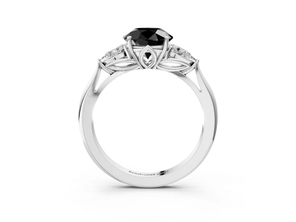 White Gold Round Three Stone Engagement Ring Setting for Black Center with Pear Side Stones