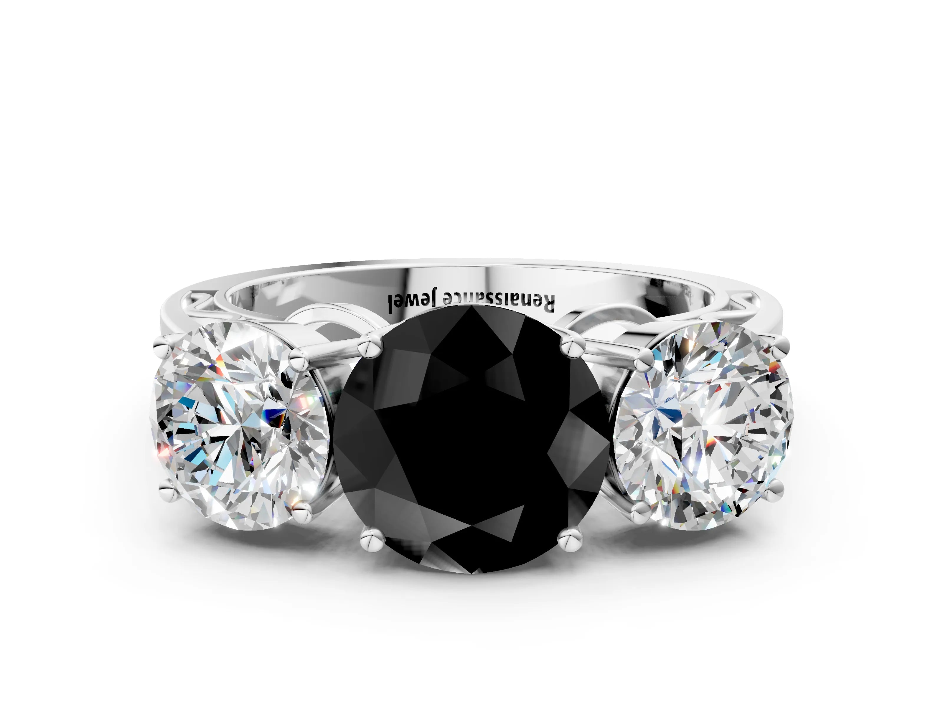 White gold Fancy Black Round Cut Diamond Three-Stone Ring with Prong Setting and Textured Band