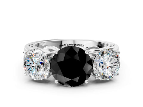 White gold Fancy Black Round Cut Diamond Three-Stone Ring with Prong Setting and Textured Band