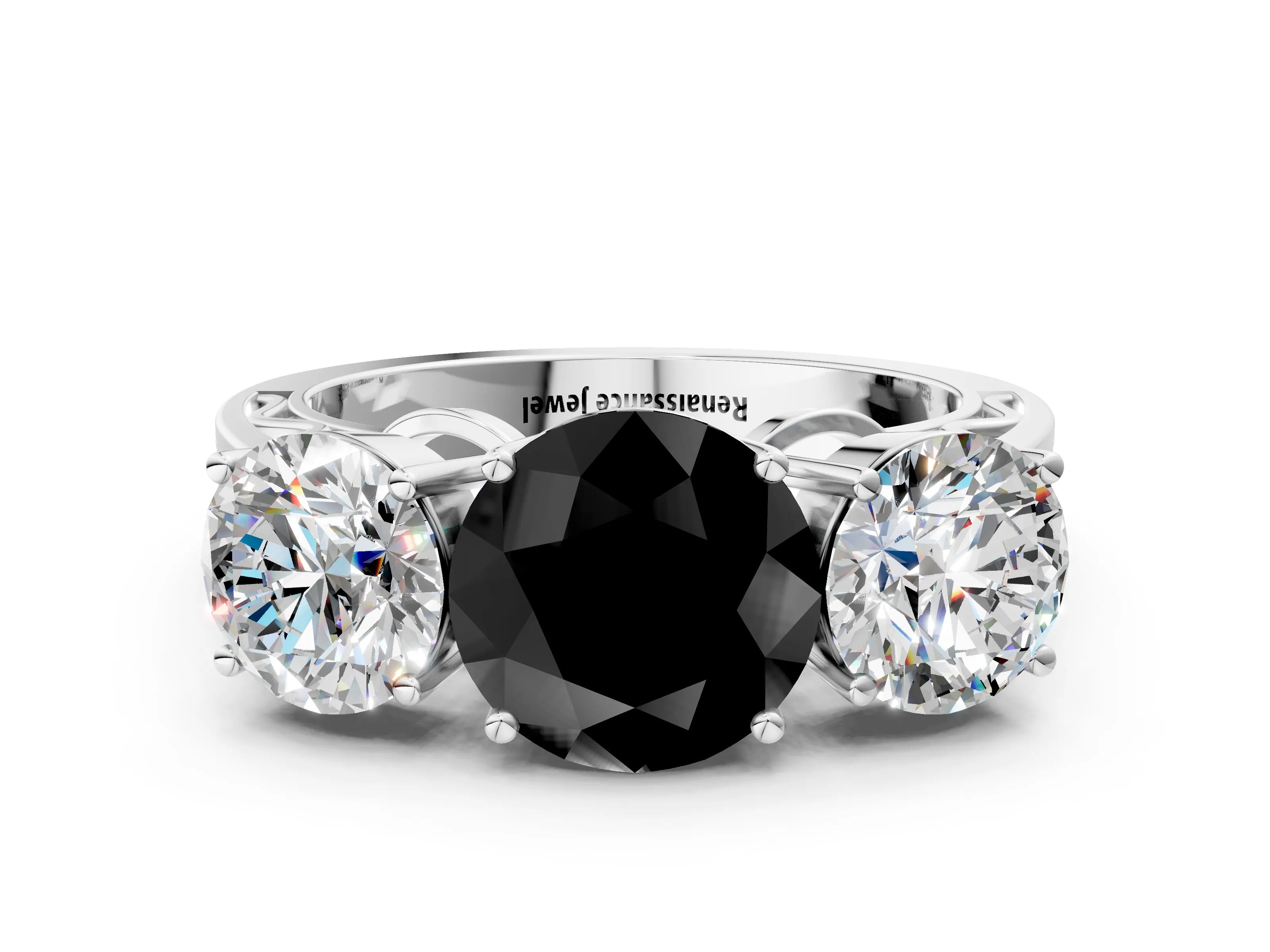 White gold Fancy Black Round Cut Diamond Three-Stone Ring with Prong Setting and Textured Band_12