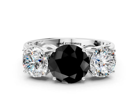 White gold Fancy Black Round Cut Diamond Three-Stone Ring with Prong Setting and Textured Band_12