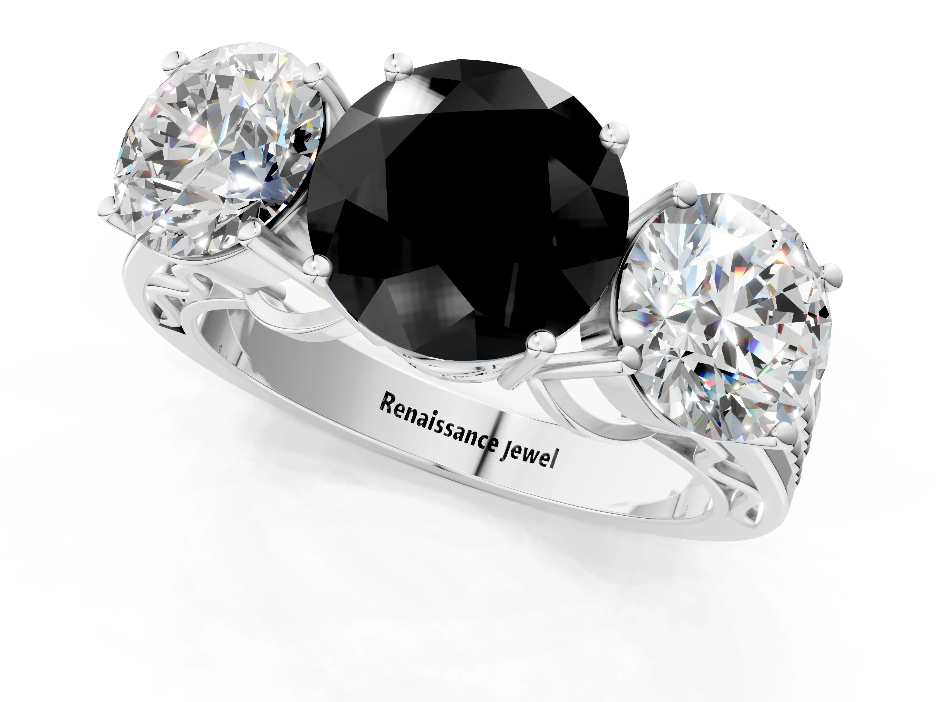 White gold Fancy Black Round Cut Diamond Three-Stone Ring with Prong Setting and Textured Band_13