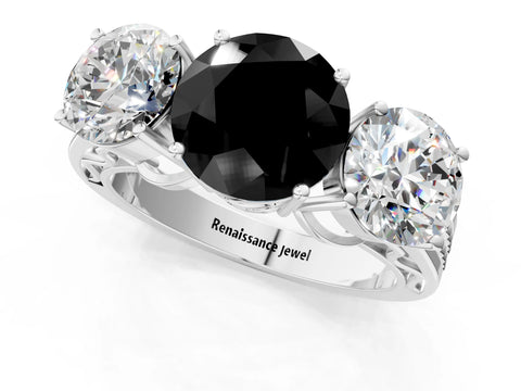 White gold Fancy Black Round Cut Diamond Three-Stone Ring with Prong Setting and Textured Band_13