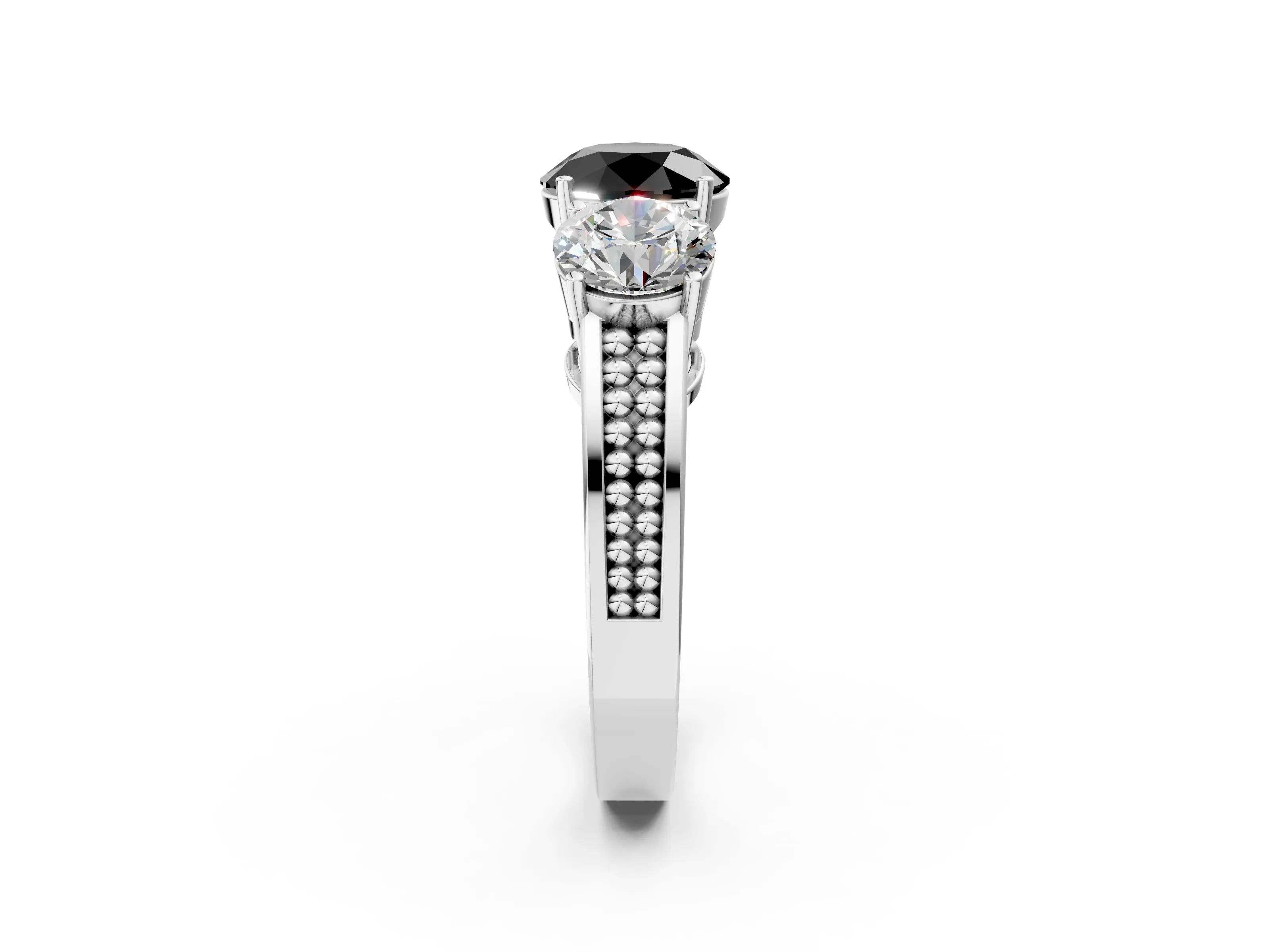 White gold Fancy Black Round Cut Diamond Three-Stone Ring with Prong Setting and Textured Band_14