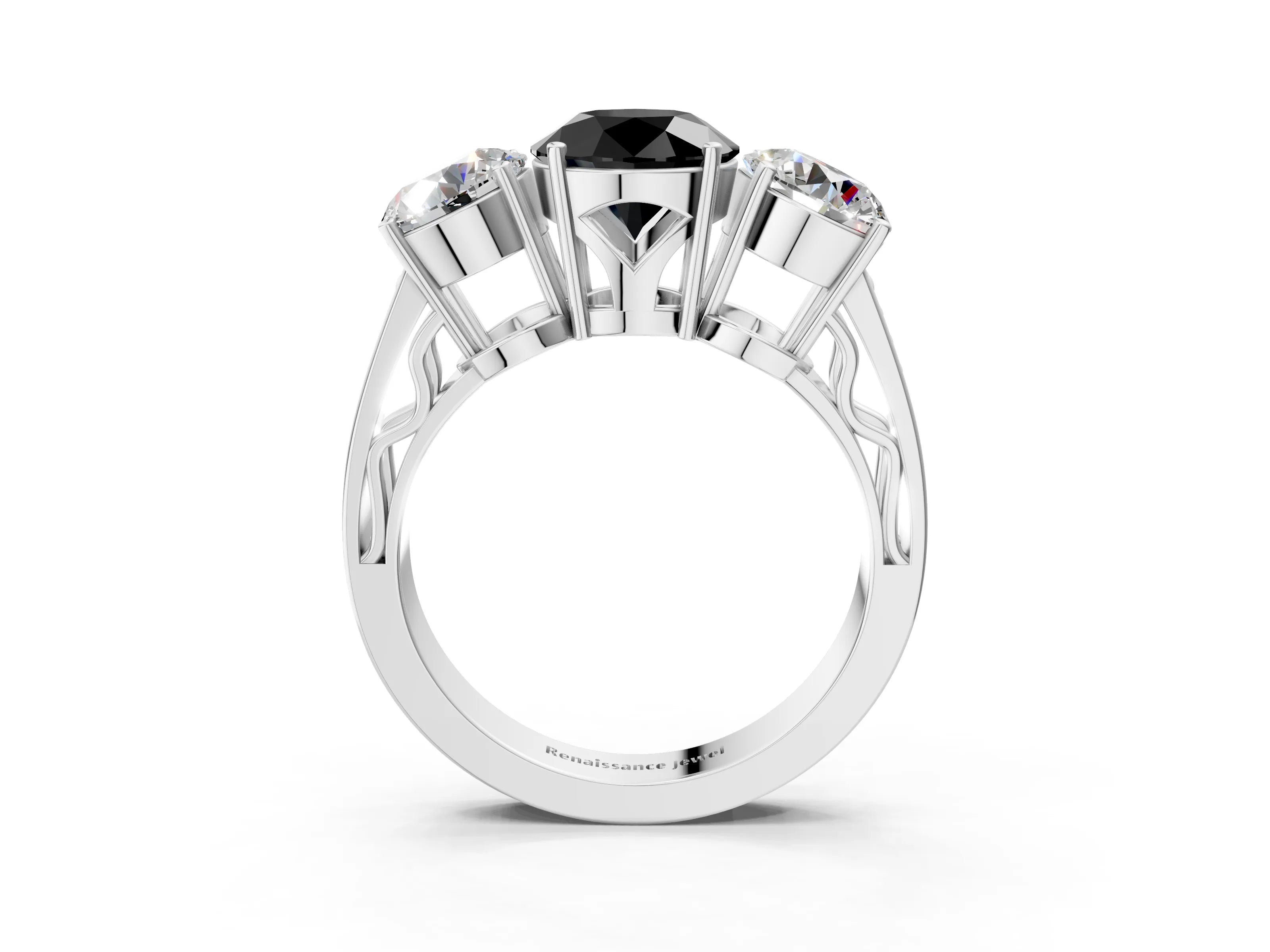 White gold Fancy Black Round Cut Diamond Three-Stone Ring with Prong Setting and Textured Band_15