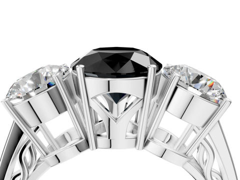 White gold Fancy Black Round Cut Diamond Three-Stone Ring with Prong Setting and Textured Band_16