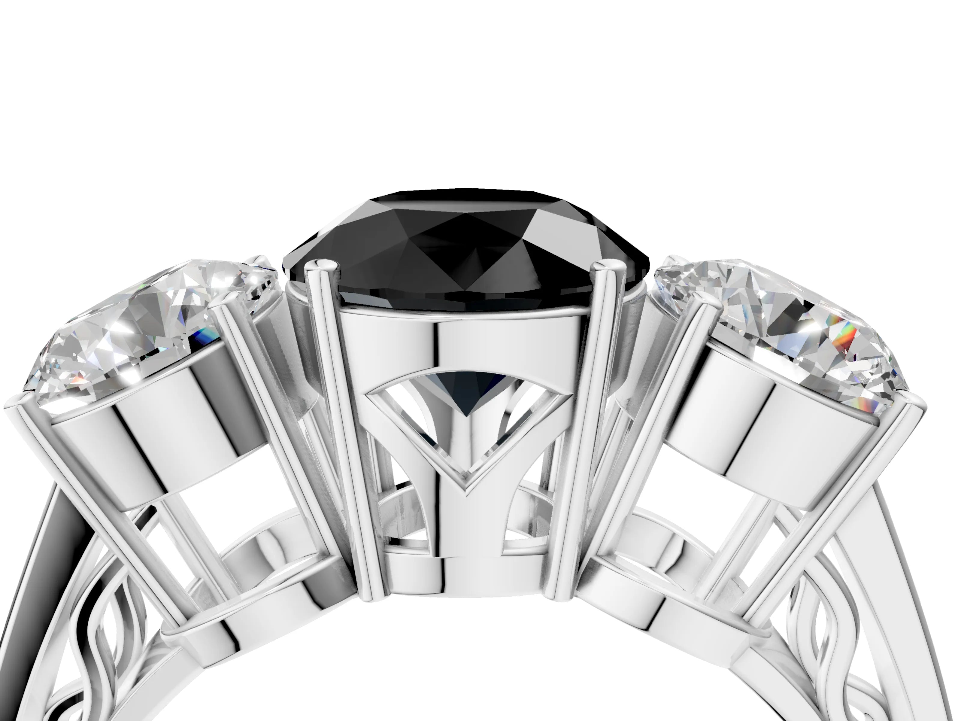 White gold Fancy Black Round Cut Diamond Three-Stone Ring with Prong Setting and Textured Band_16
