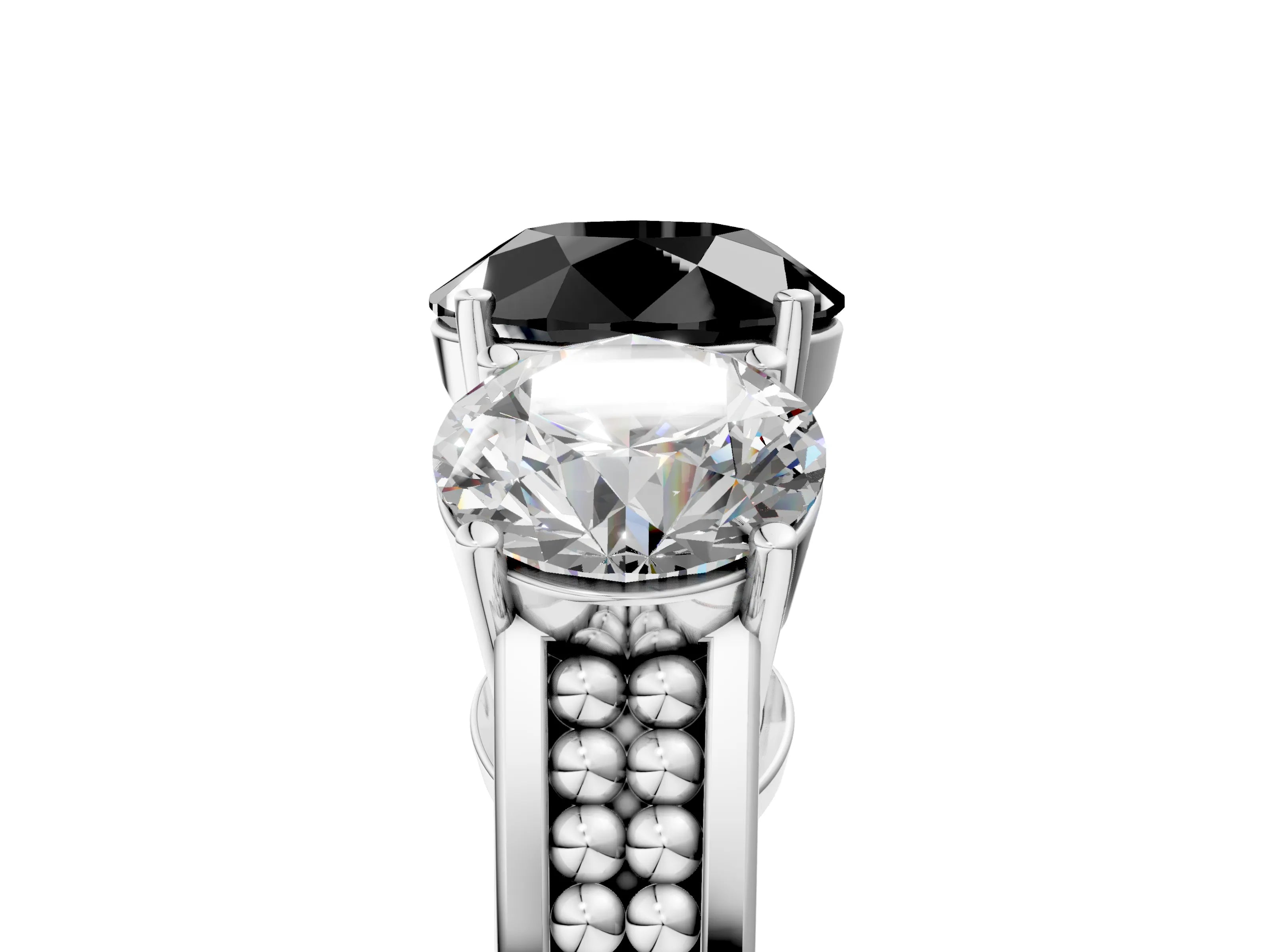White gold Fancy Black Round Cut Diamond Three-Stone Ring with Prong Setting and Textured Band_17