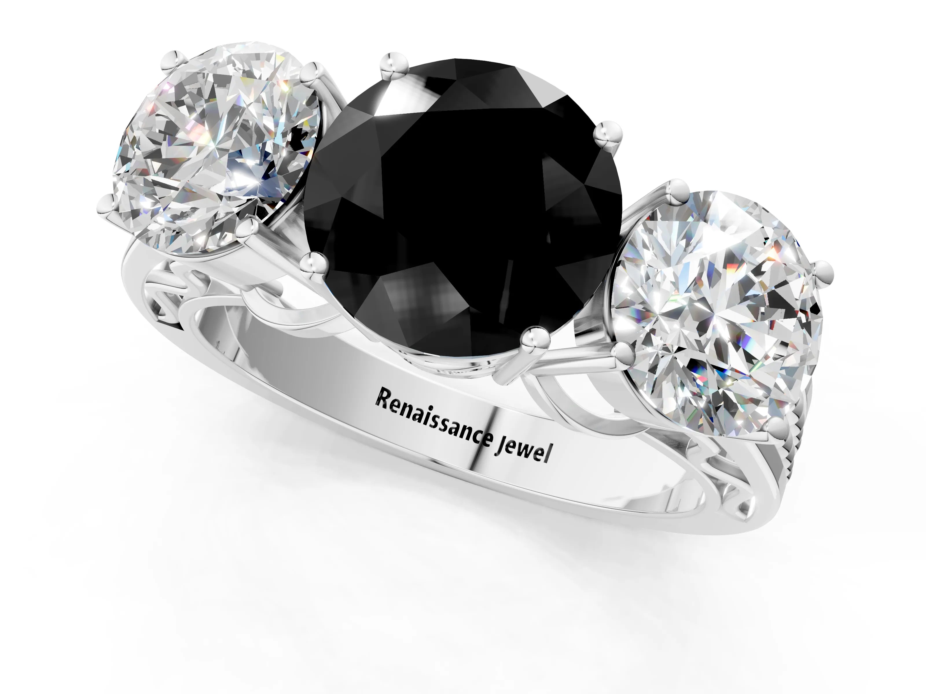 White gold Fancy Black Round Cut Diamond Three-Stone Ring with Prong Setting and Textured Band_1