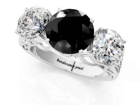 White gold Fancy Black Round Cut Diamond Three-Stone Ring with Prong Setting and Textured Band_1