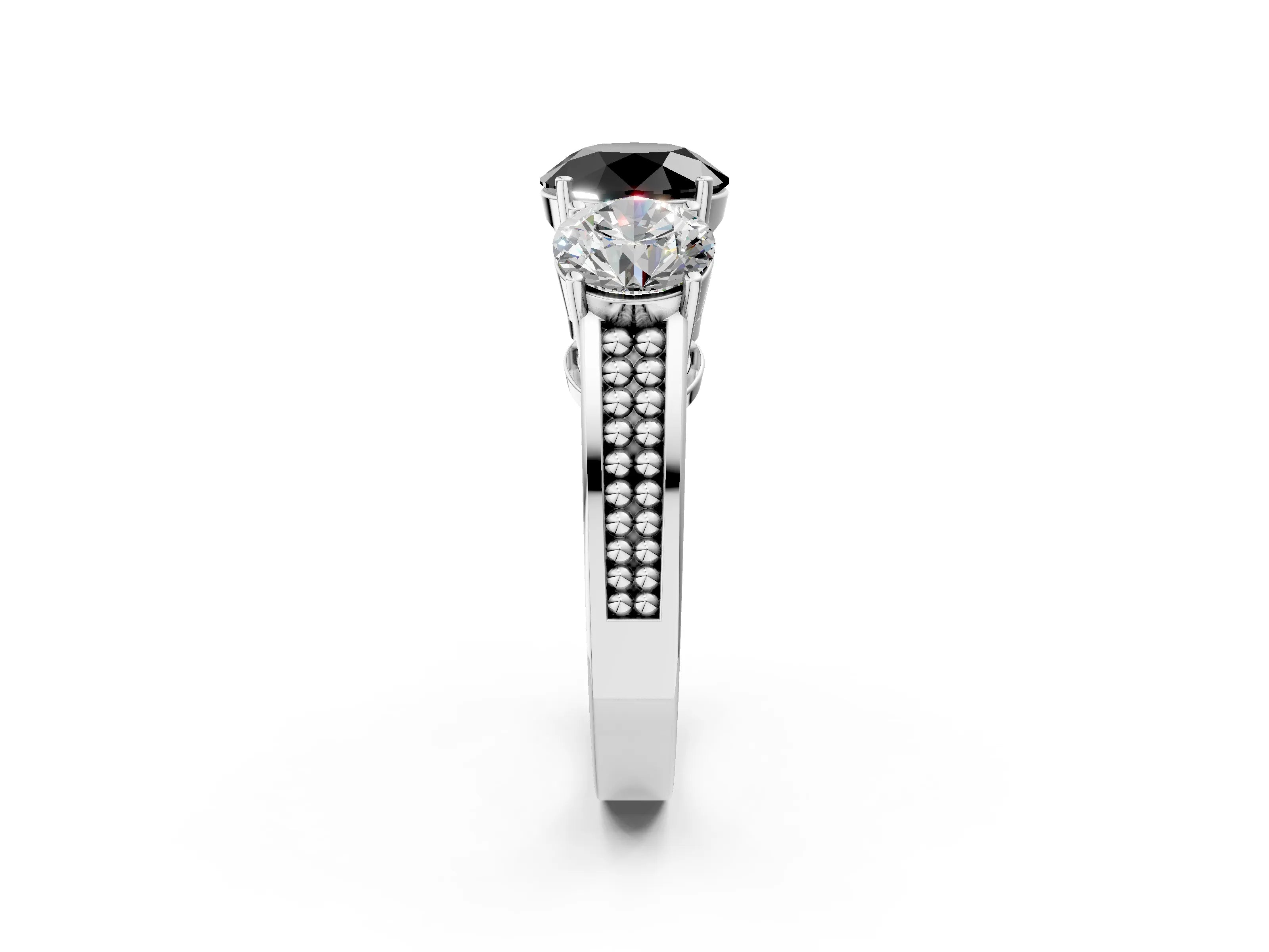 White gold Fancy Black Round Cut Diamond Three-Stone Ring with Prong Setting and Textured Band_2