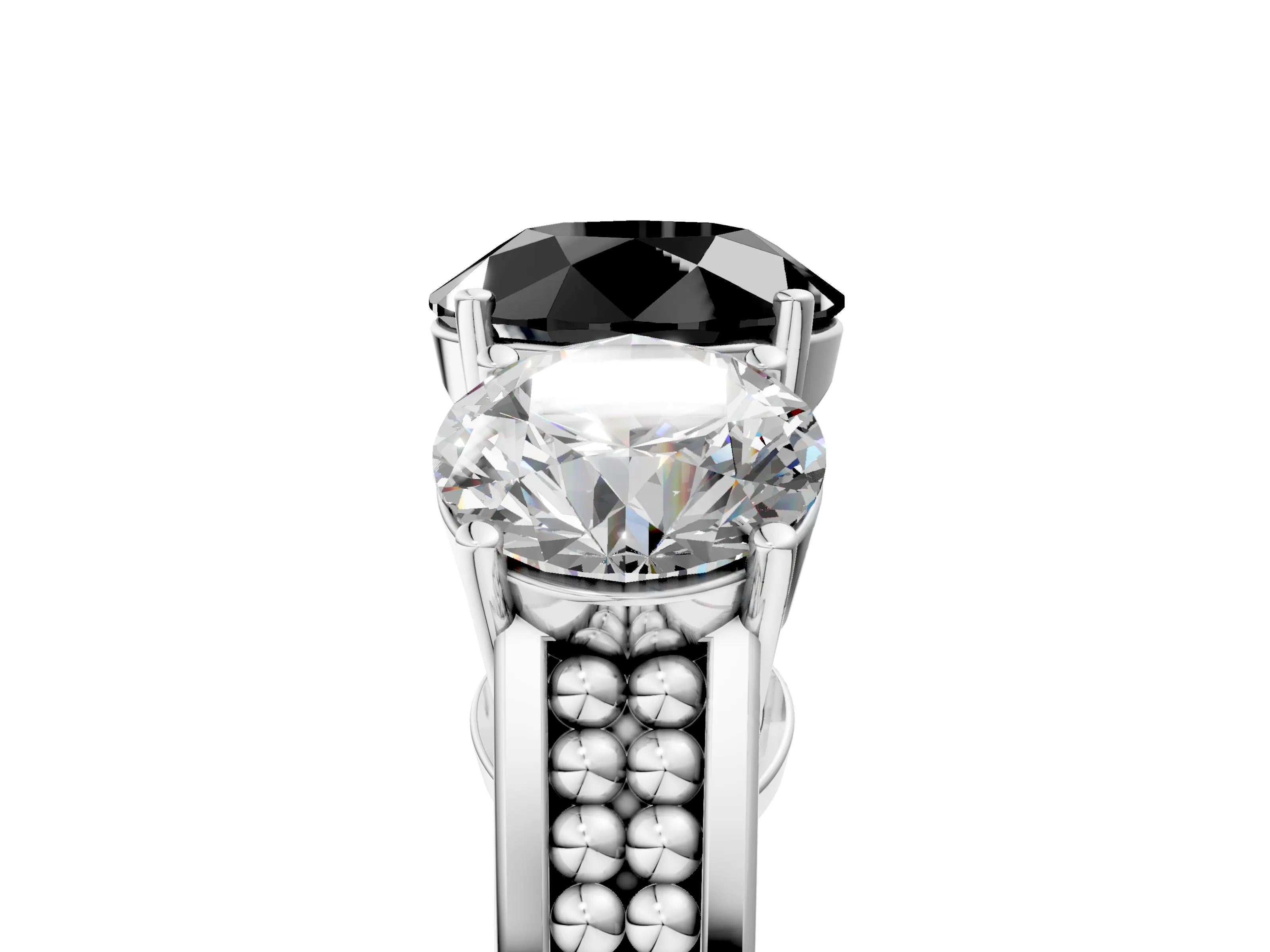 White gold Fancy Black Round Cut Diamond Three-Stone Ring with Prong Setting and Textured Band_5