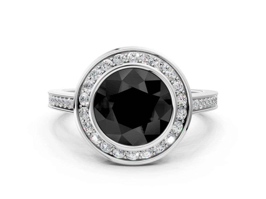 White gold Fancy Black Round Cut Halo Bezel Diamond Pave Band Ring