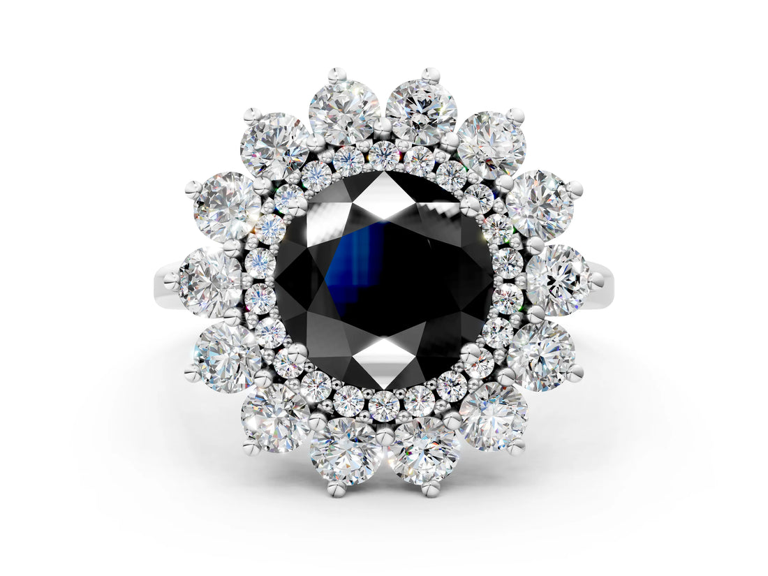 White gold Fancy Black Round Cut Halo Cluster Diamond Ring with Pave Band and Four-Prong Setting_12