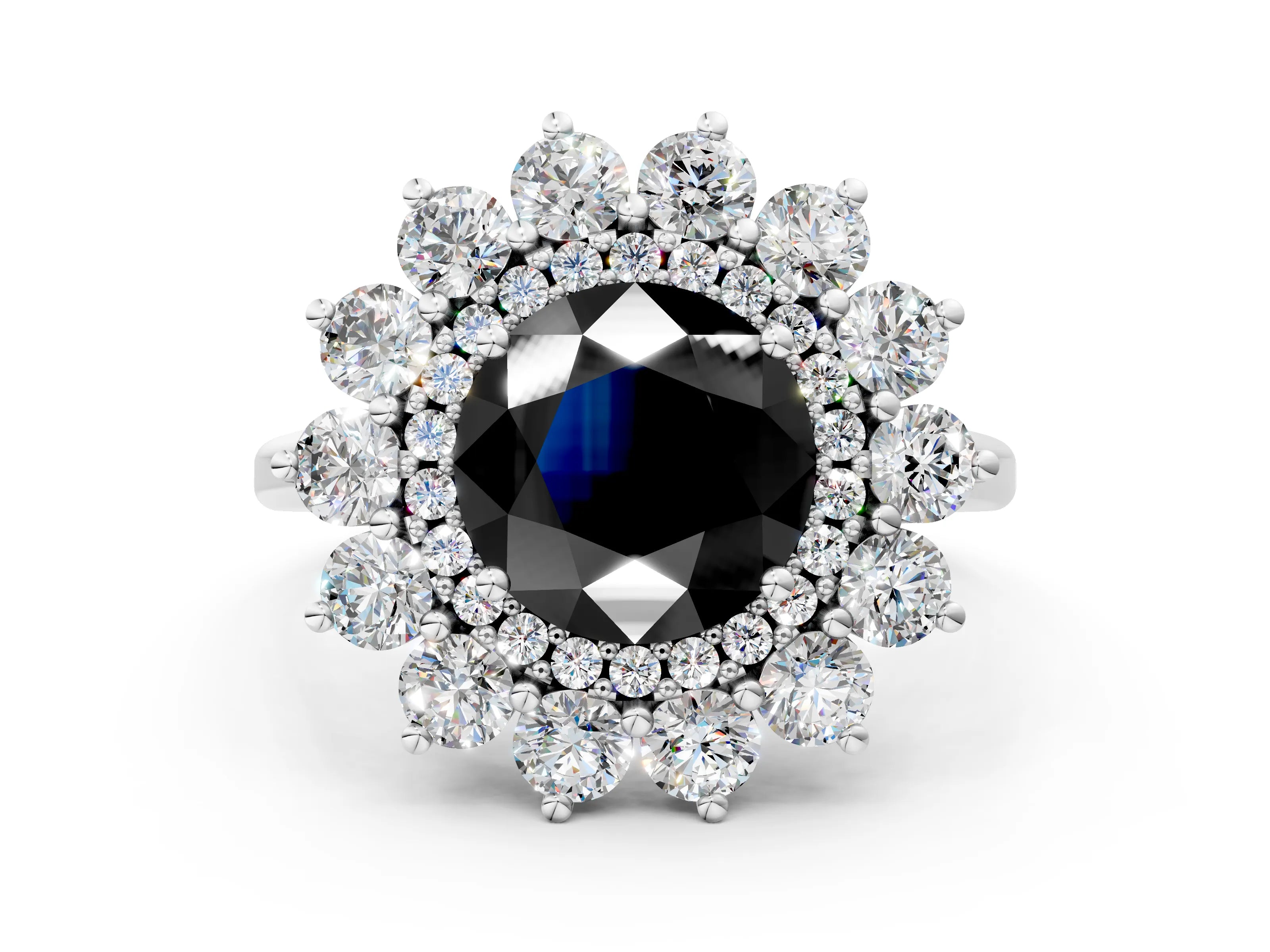 White gold Fancy Black Round Cut Halo Cluster Diamond Ring with Pave Band and Four-Prong Setting_12