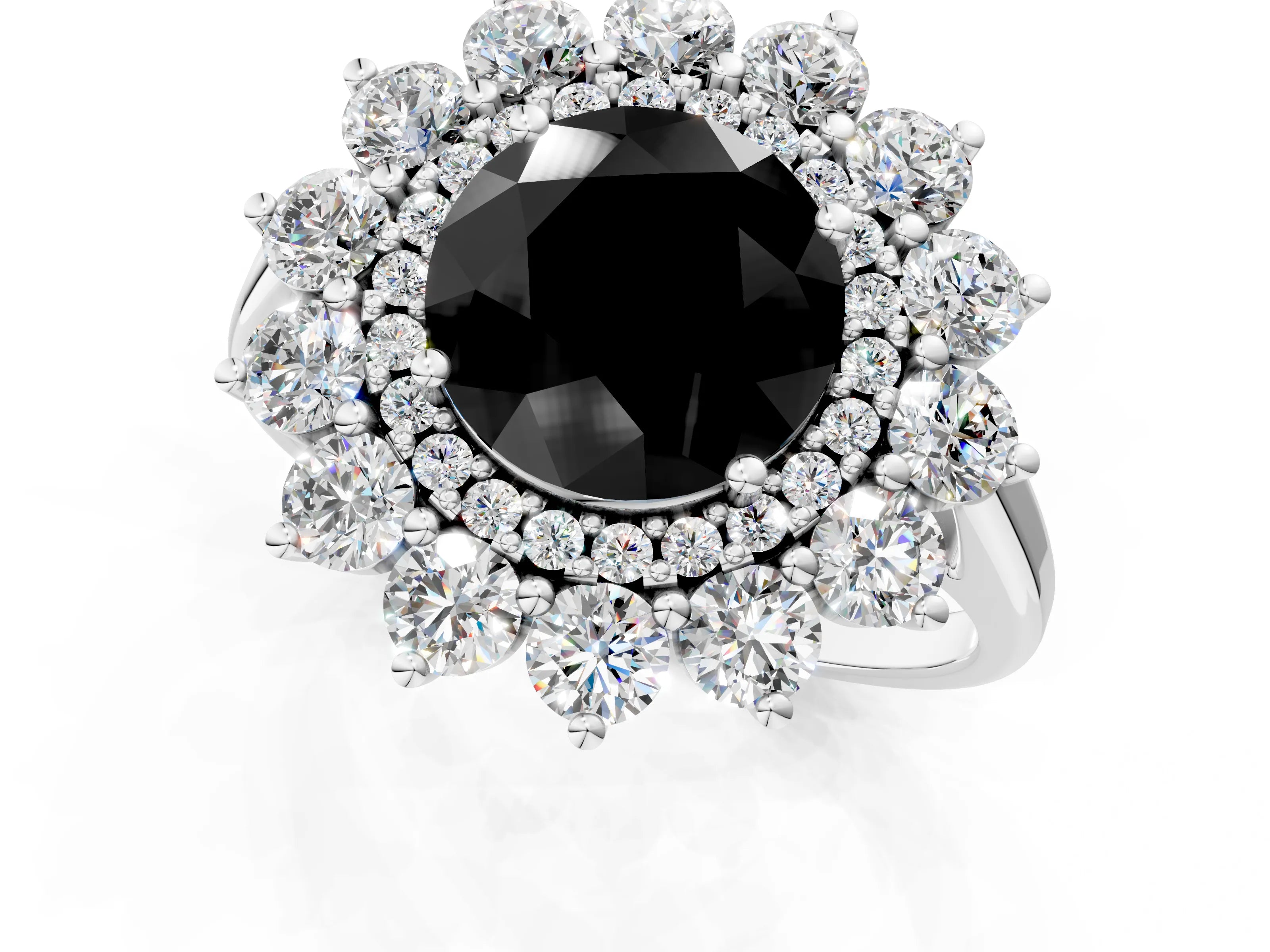 White gold Fancy Black Round Cut Halo Cluster Diamond Ring with Pave Band and Four-Prong Setting_13