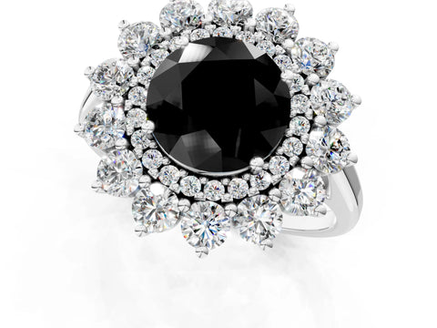 White gold Fancy Black Round Cut Halo Cluster Diamond Ring with Pave Band and Four-Prong Setting_14