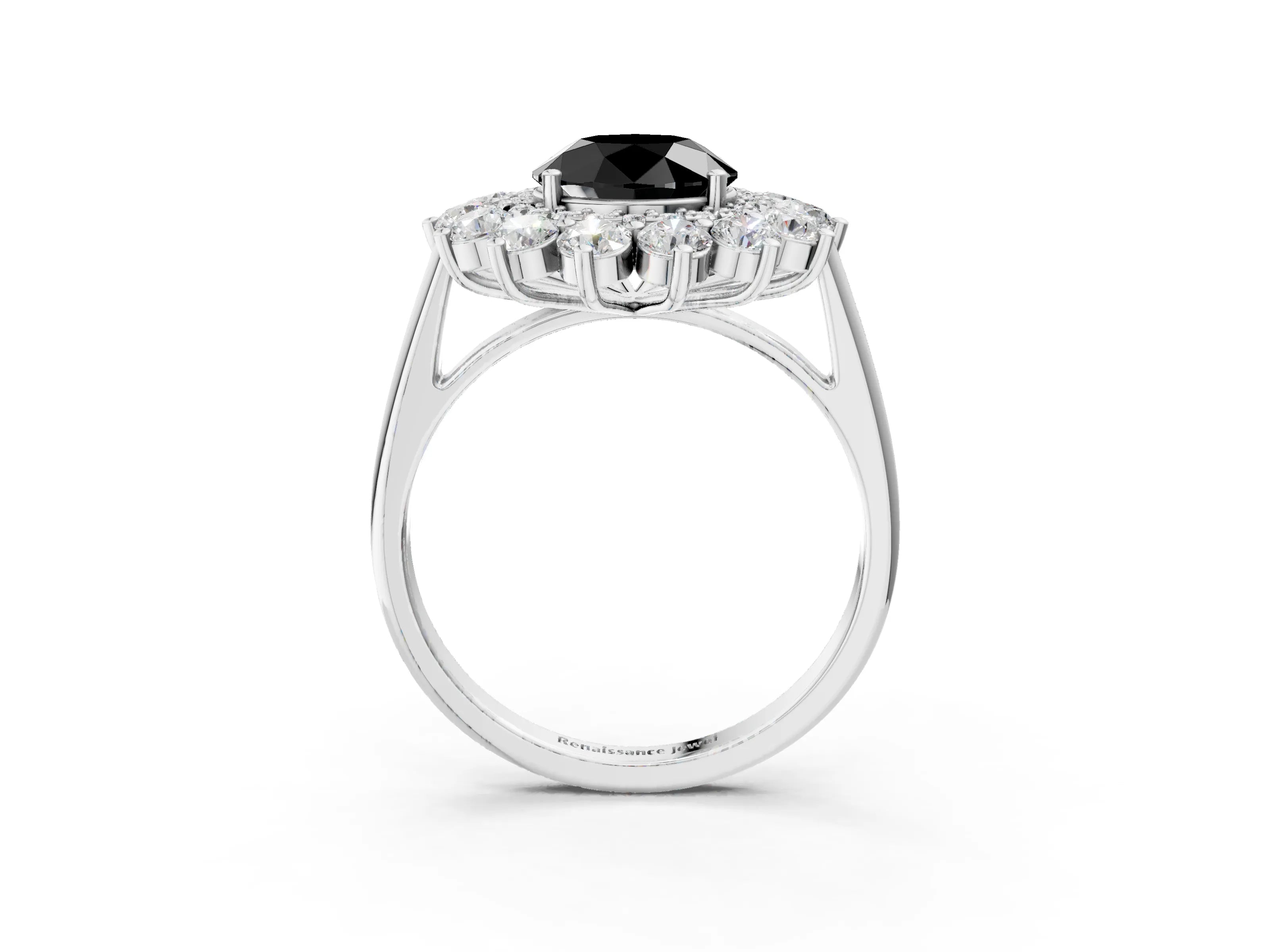 White gold Fancy Black Round Cut Halo Cluster Diamond Ring with Pave Band and Four-Prong Setting_15
