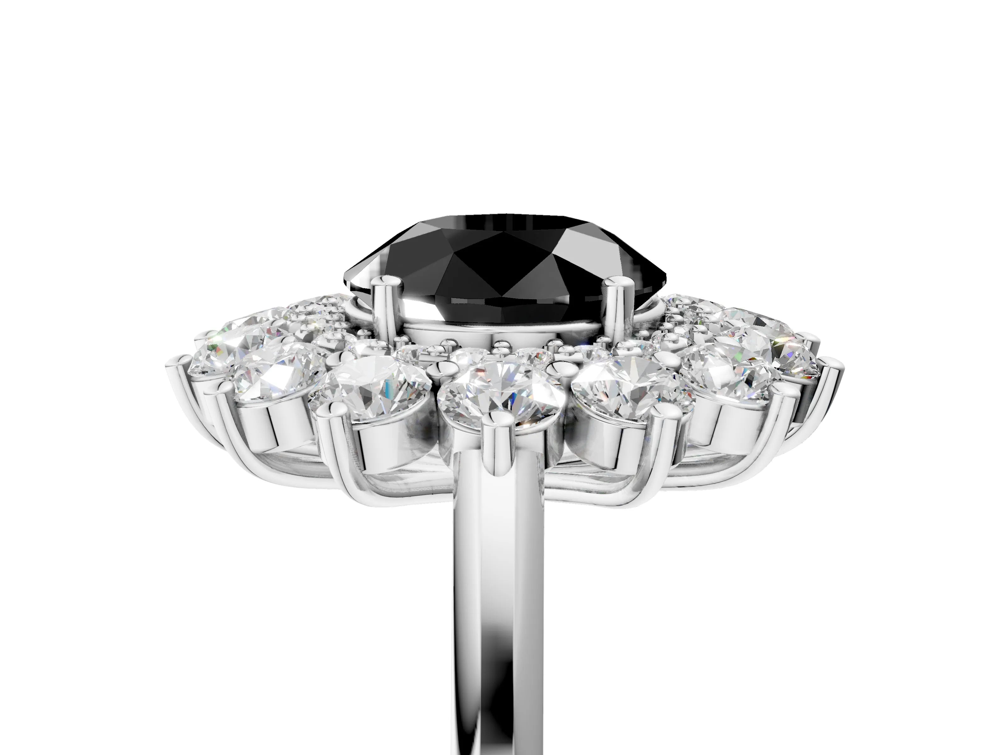 White gold Fancy Black Round Cut Halo Cluster Diamond Ring with Pave Band and Four-Prong Setting_17