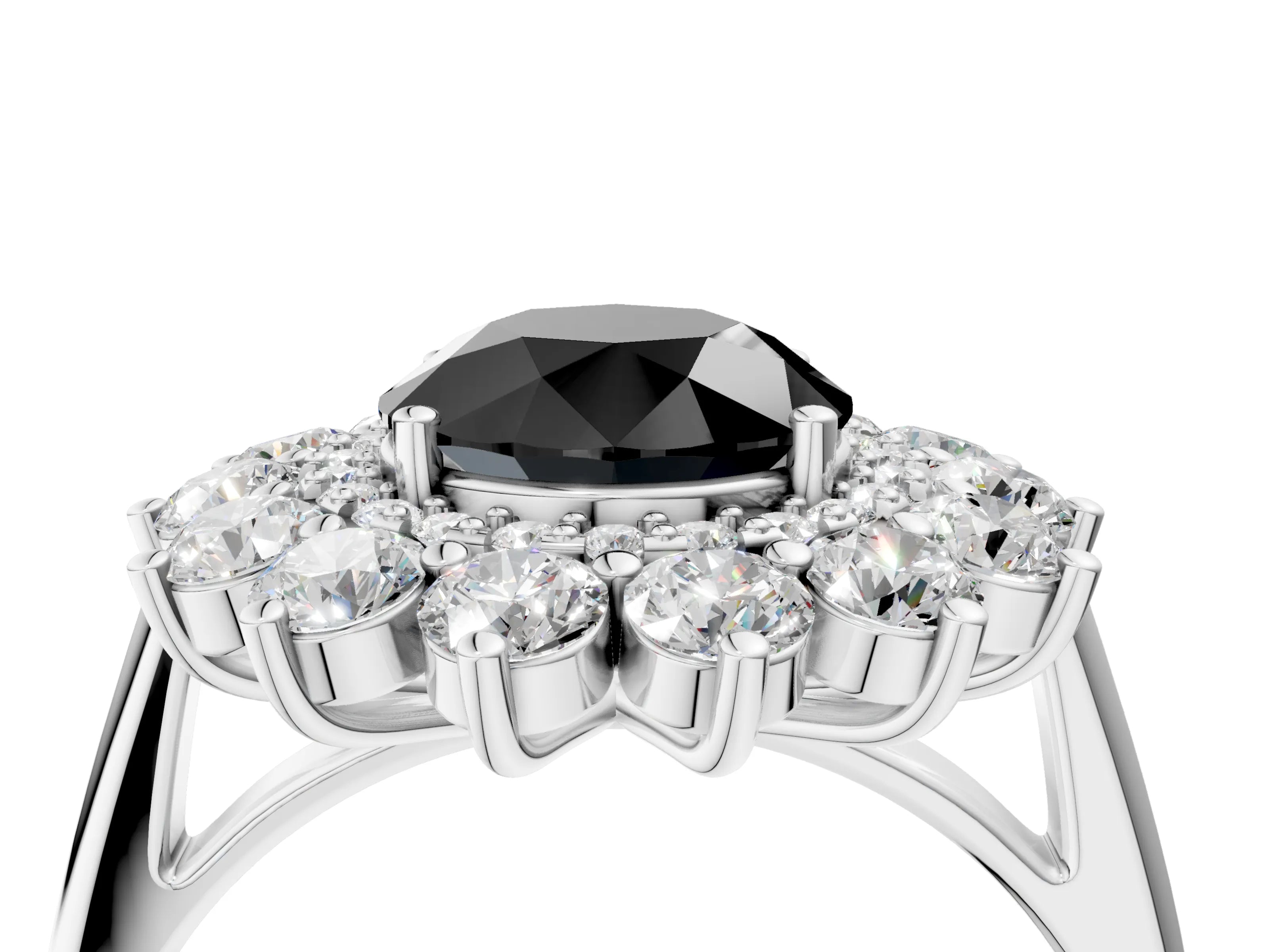 White gold Fancy Black Round Cut Halo Cluster Diamond Ring with Pave Band and Four-Prong Setting_17