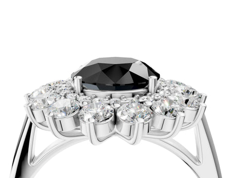 White gold Fancy Black Round Cut Halo Cluster Diamond Ring with Pave Band and Four-Prong Setting_4