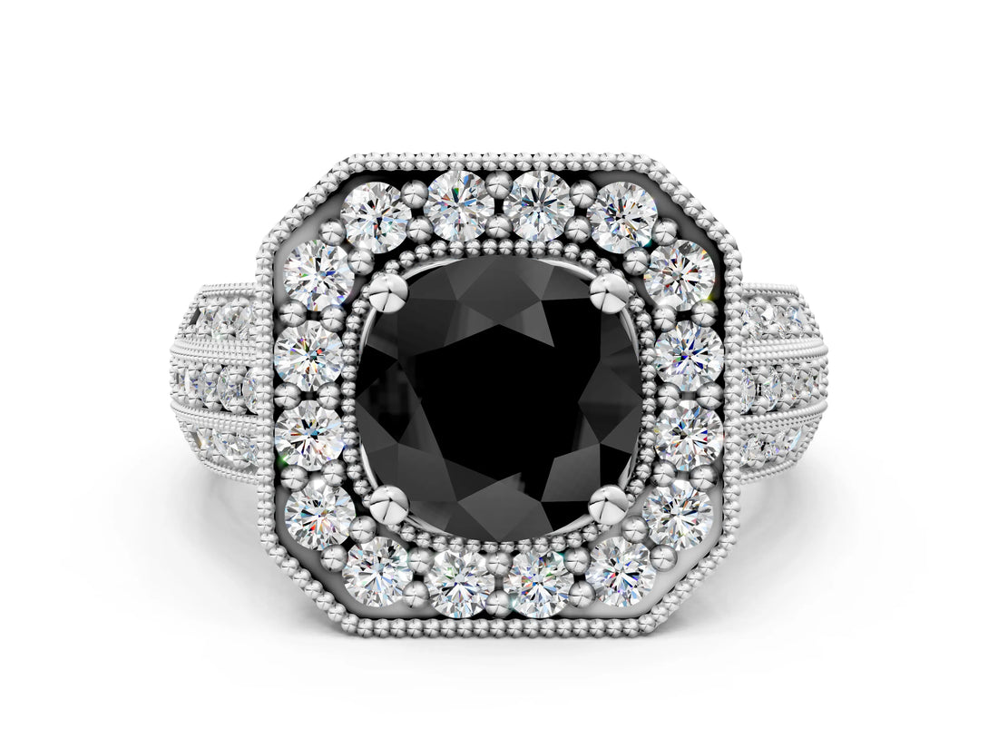White gold Fancy Black Round Cut Halo Diamond Engagement Ring with Pave Split Shank and Four-Prong Setting_6