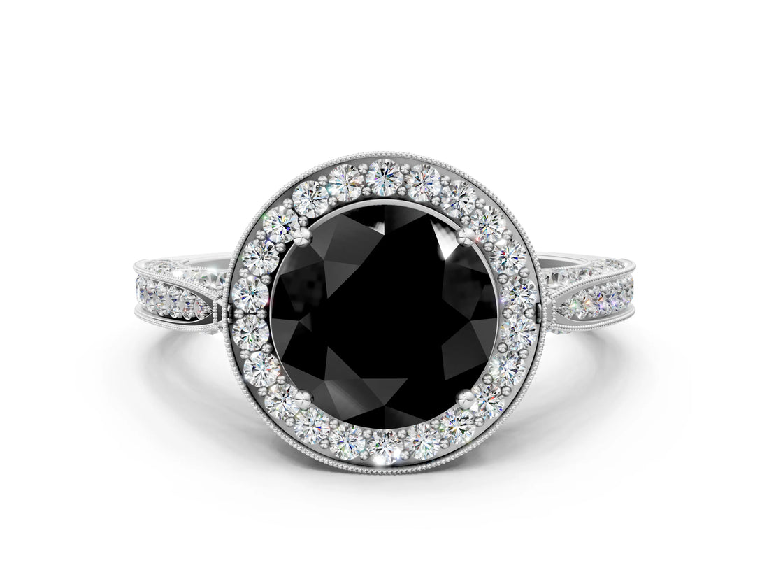 White gold Fancy Black Round Cut Halo Diamond Engagement Ring with Split Shank Band and Four-Prong Setting_12