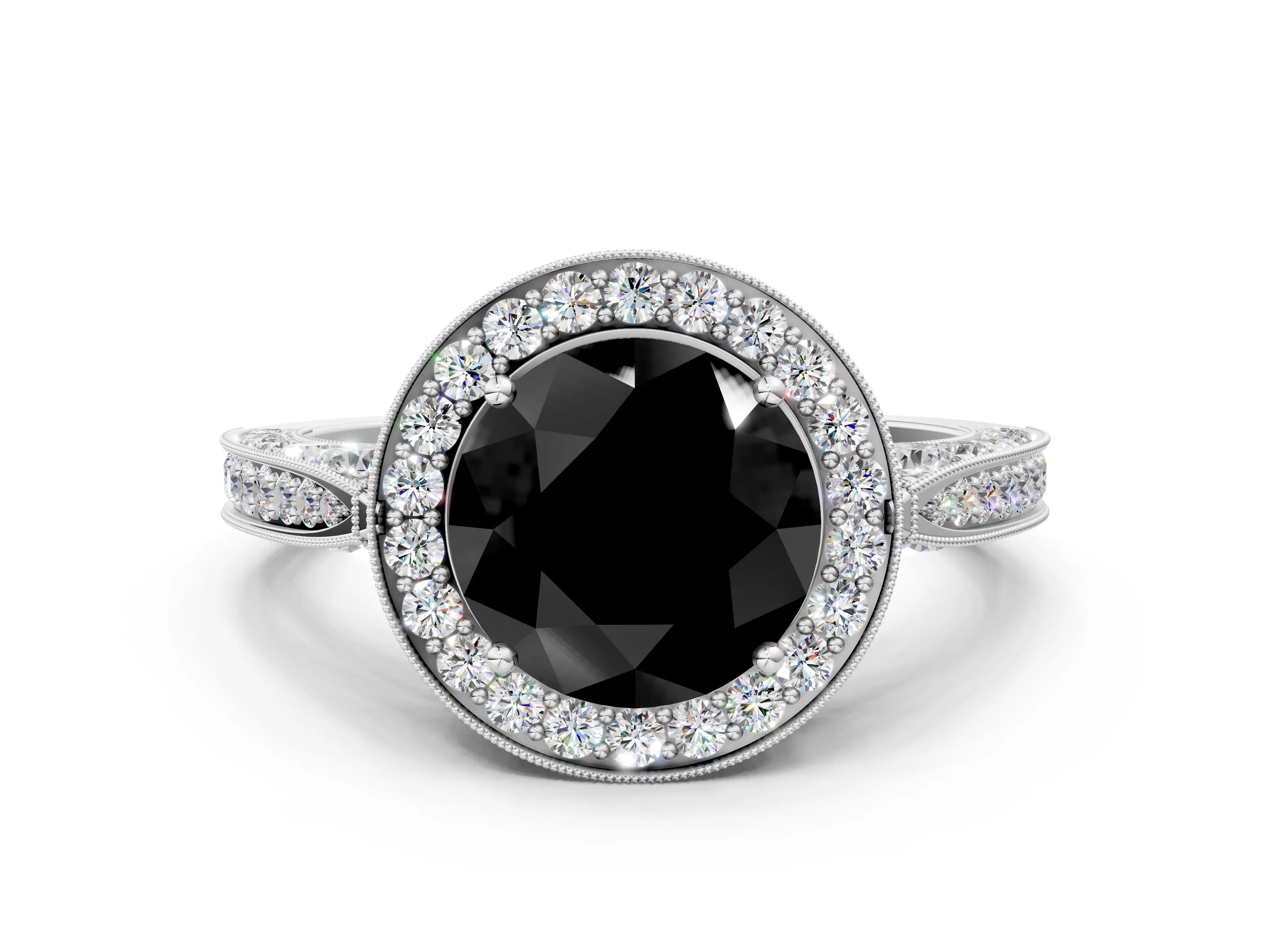 White gold Fancy Black Round Cut Halo Diamond Engagement Ring with Split Shank Band and Four-Prong Setting_12