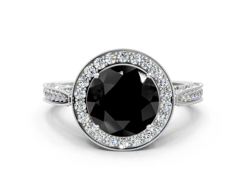 White gold Fancy Black Round Cut Halo Diamond Engagement Ring with Split Shank Band and Four-Prong Setting_12