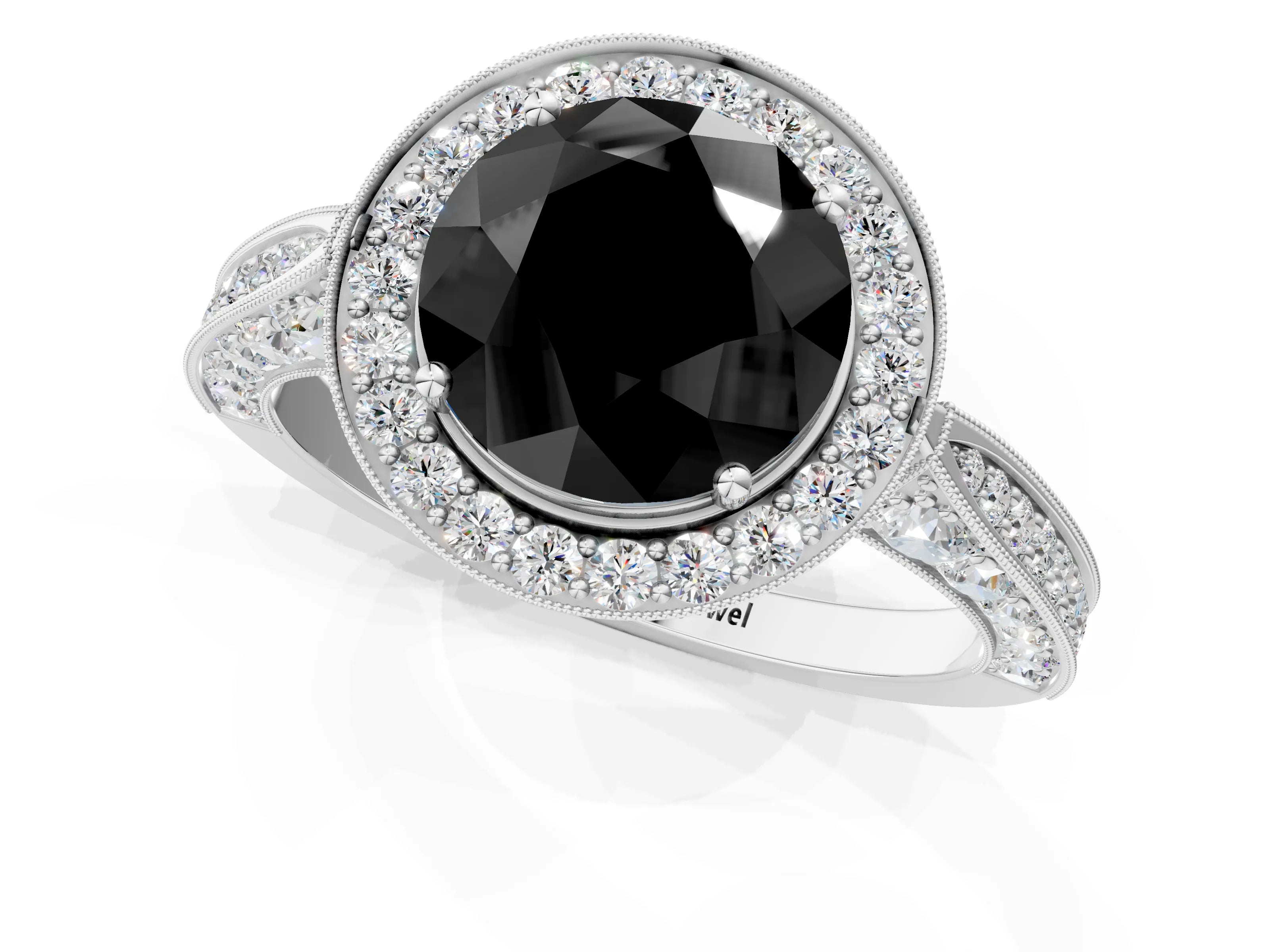 White gold Fancy Black Round Cut Halo Diamond Engagement Ring with Split Shank Band and Four-Prong Setting_13