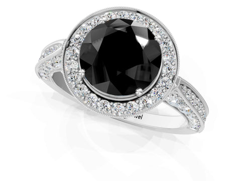White gold Fancy Black Round Cut Halo Diamond Engagement Ring with Split Shank Band and Four-Prong Setting_13