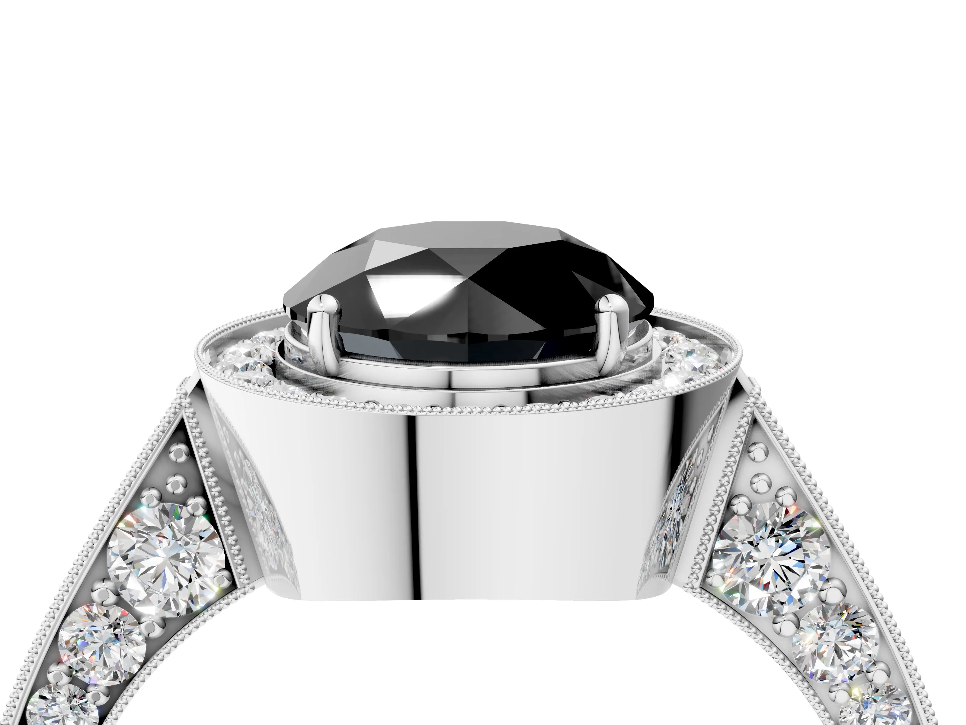 White gold Fancy Black Round Cut Halo Diamond Engagement Ring with Split Shank Band and Four-Prong Setting_16