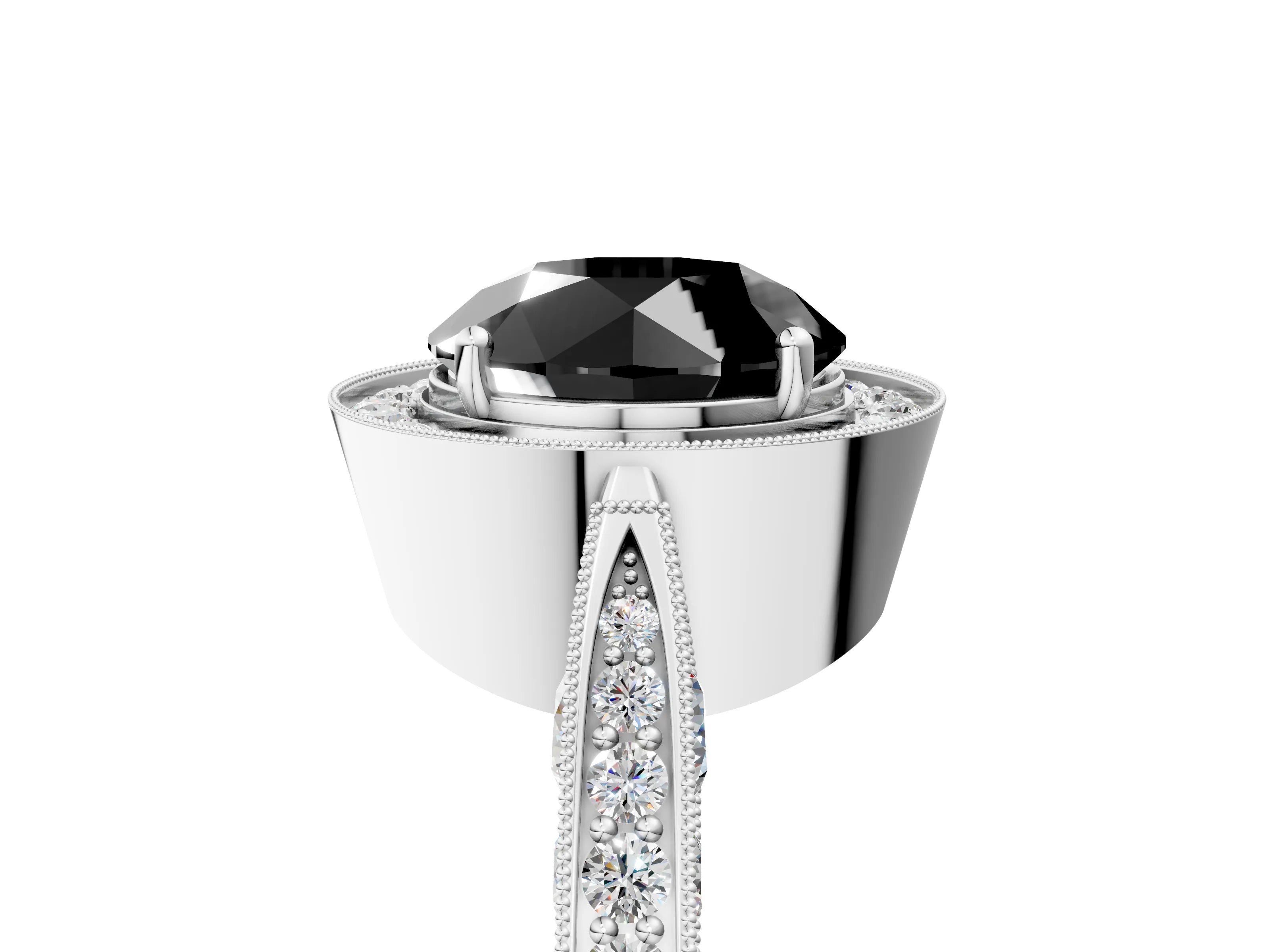 White gold Fancy Black Round Cut Halo Diamond Engagement Ring with Split Shank Band and Four-Prong Setting_17