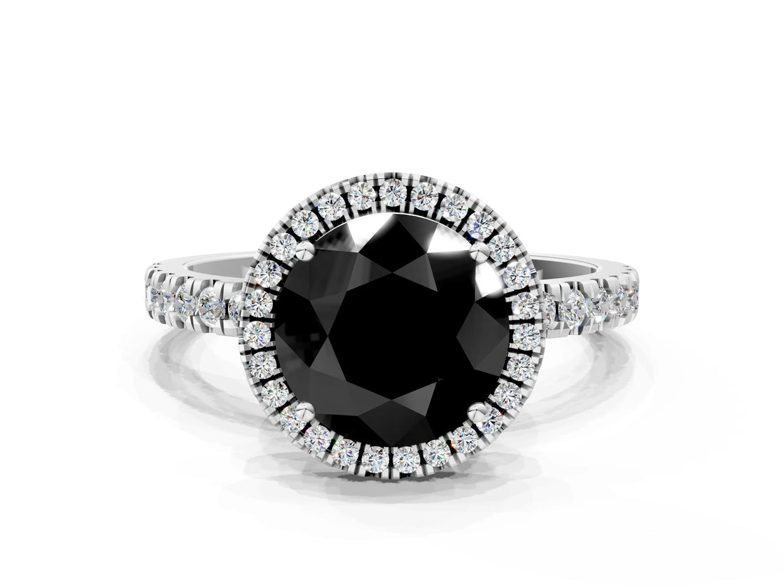 White gold Fancy Black Round Cut Halo Diamond Pave Band with Prong Setting