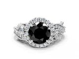 White gold Fancy Black Round Cut Halo Diamond Ring with Milgrain and Bezel Accents on a Split Shank Band