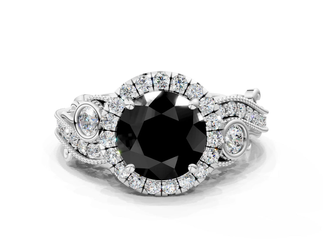 White gold Fancy Black Round Cut Halo Diamond Ring with Milgrain and Bezel Accents on a Split Shank Band_13